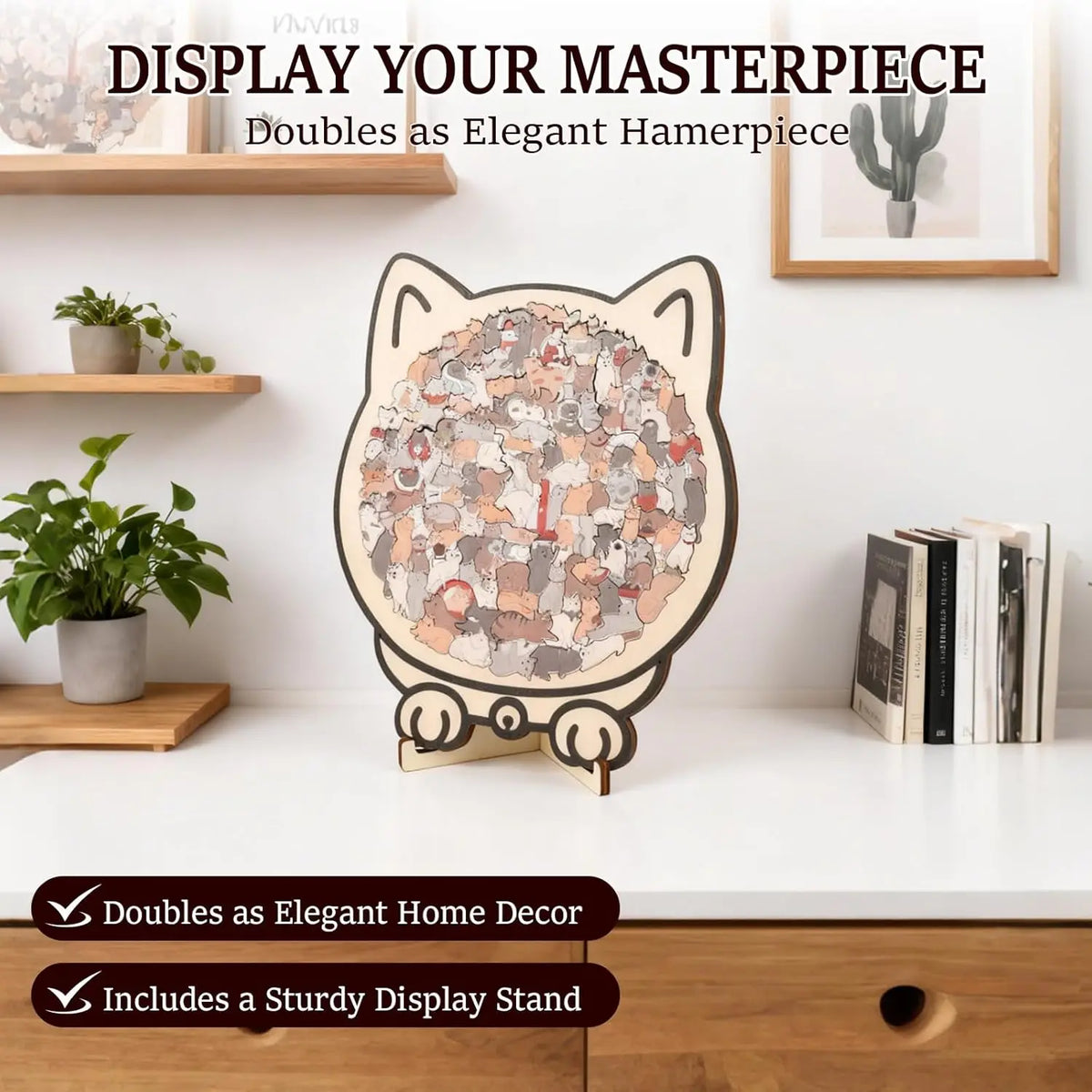 A wooden cat-shaped jigsaw puzzle for adults displayed on a white shelf.