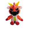 An orange plush toy resembling a devil or demon with yellow horns and a green dollar sign on its chest.