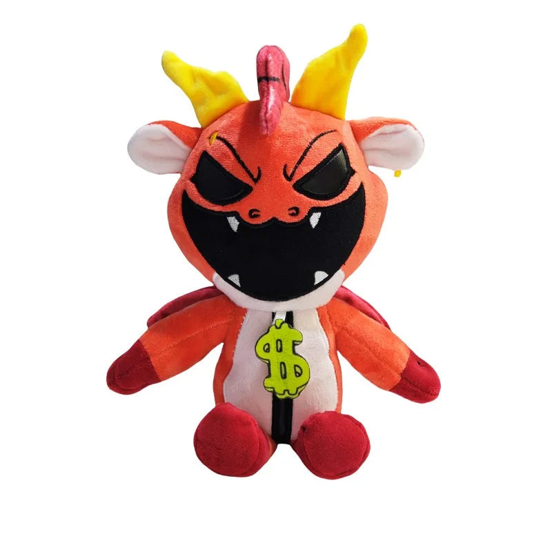 An orange plush toy resembling a devil or demon with yellow horns and a green dollar sign on its chest.