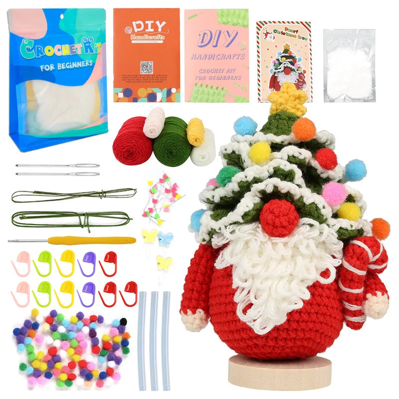 A complete beginner crochet animal kit featuring yarn, tools, and video tutorials for making a crocheted character.