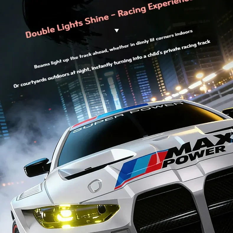 A white 4WD RC drift car with yellow LED lights is shown in a close-up shot.