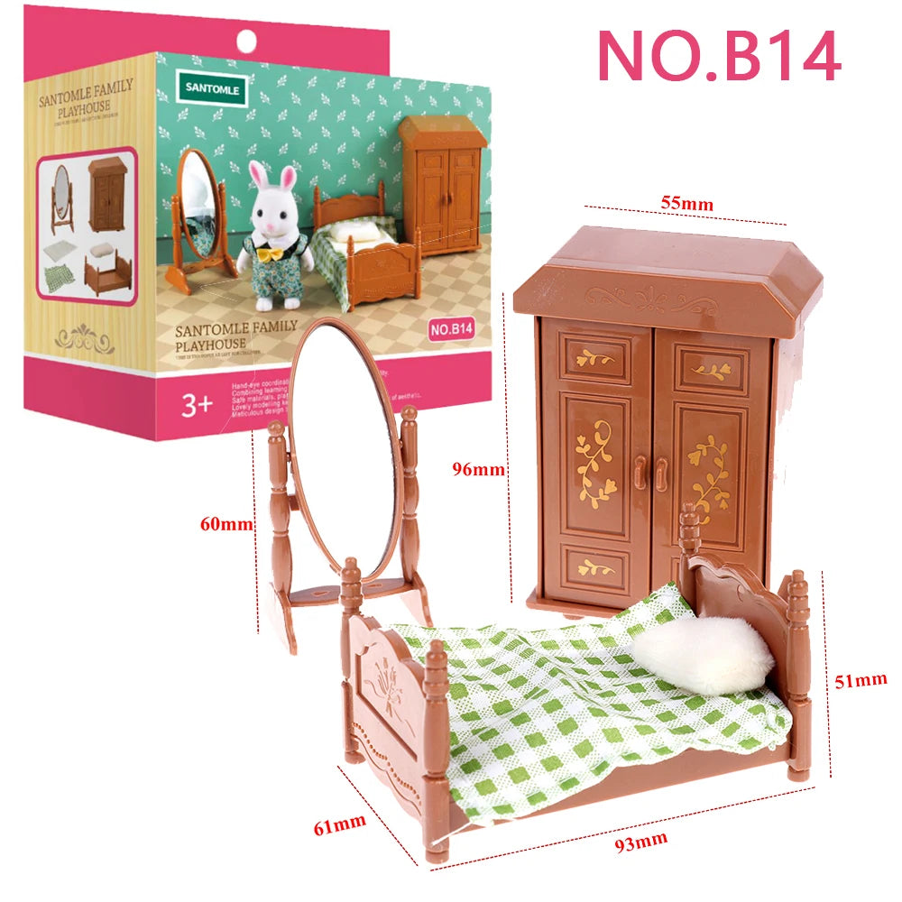 A wooden dollhouse furniture set featuring a bed, wardrobe, and mirror for play.