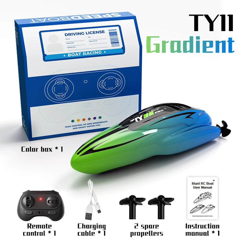 A green and black gradient stunt RC boat, its box, remote control, propellers, and manual are displayed.
