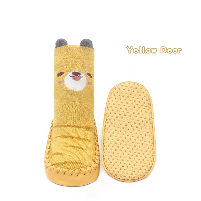 Yellow deer themed non-slip socks for babies and toddlers