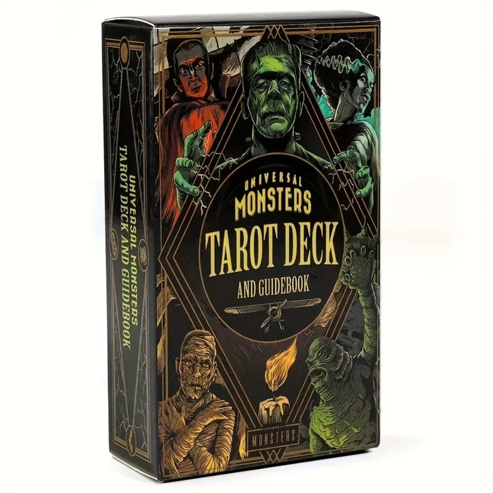A box set of Universal Monsters Tarot Deck and Guidebook featuring classic horror characters.