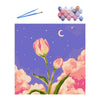 Paint by numbers kit featuring a pink tulip against a purple sunset landscape with white clouds and stars.