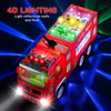 A red electric fire truck with 4D lighting reflecting on walls and floor.