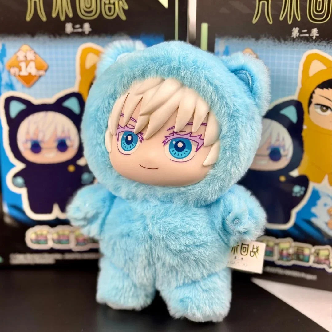 A fluffy light blue cat-eared blind box collectible figure of Gojo Satoru from Jujutsu Kaisen
