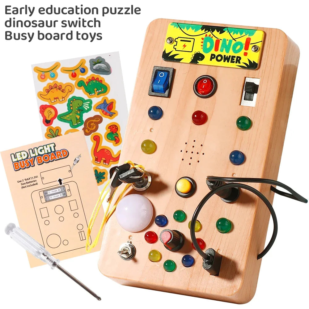 A wooden busy board toy featuring dinosaur switches and various colorful buttons for early education.
