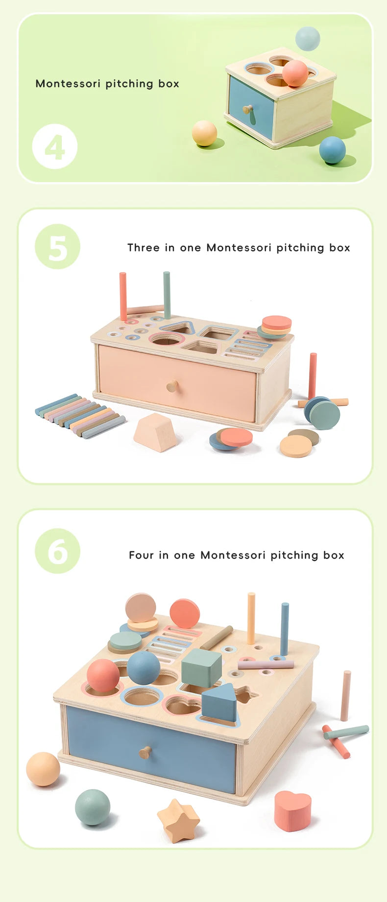 A wooden Montessori pitching box showing four different color and shape sorting activities.