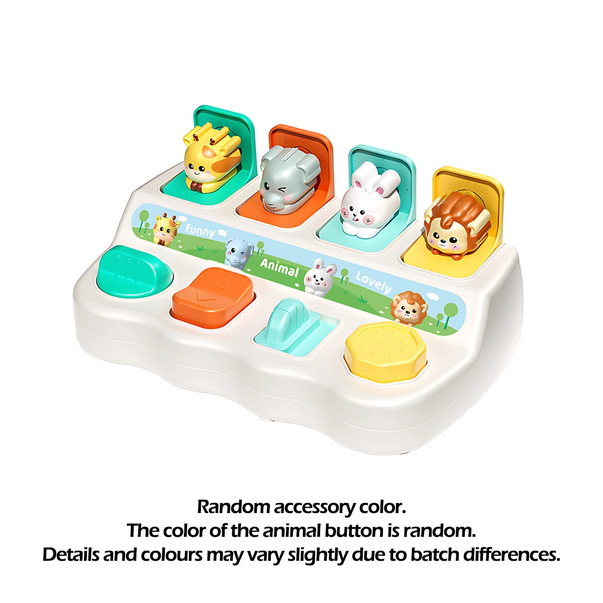 A white Montessori pop-up animal toy set with colorful buttons for toddlers.