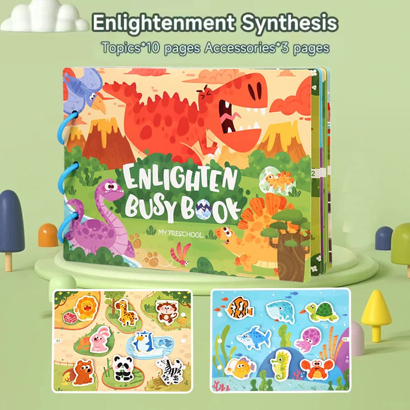 A colorful Montessori busy book for toddlers featuring various learning activities and pages.