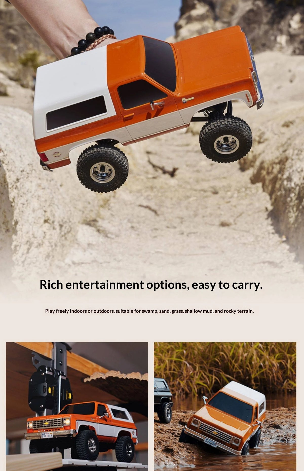 Orange and white 1:24 scale Chevrolet K5 Blazer RC crawler vehicle driving through muddy terrain.