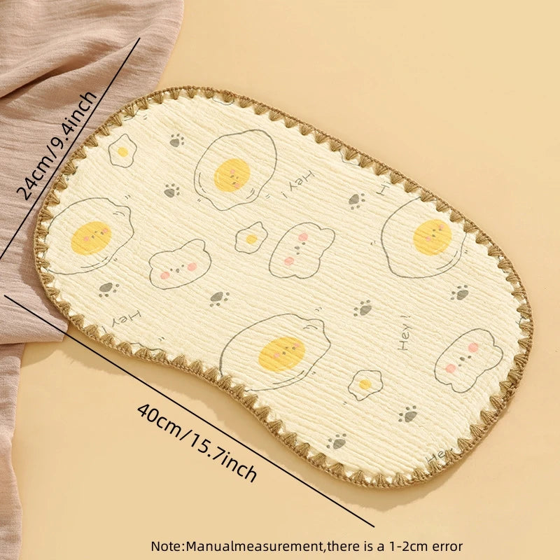 A light yellow 10-layer cotton gauze flat pillow decorated with cute egg patterns on a beige background.