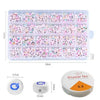 A clear plastic storage box filled with colorful clay and alphabet beads for DIY craft projects.