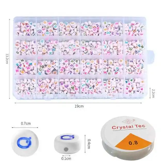 A clear plastic storage box filled with colorful clay and alphabet beads for DIY craft projects.
