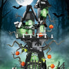 A spooky Halloween castle kit made of dark gray and green building blocks with ivy and bats in a dark forest setting.