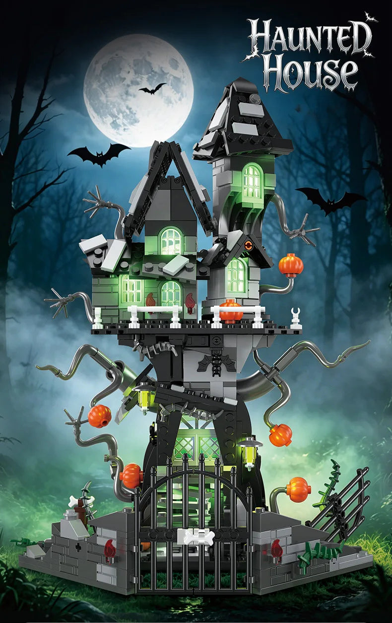 A spooky Halloween castle kit made of dark gray and green building blocks with ivy and bats in a dark forest setting.