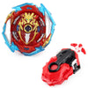 A red and blue metal spinning top battle set with a string launcher.