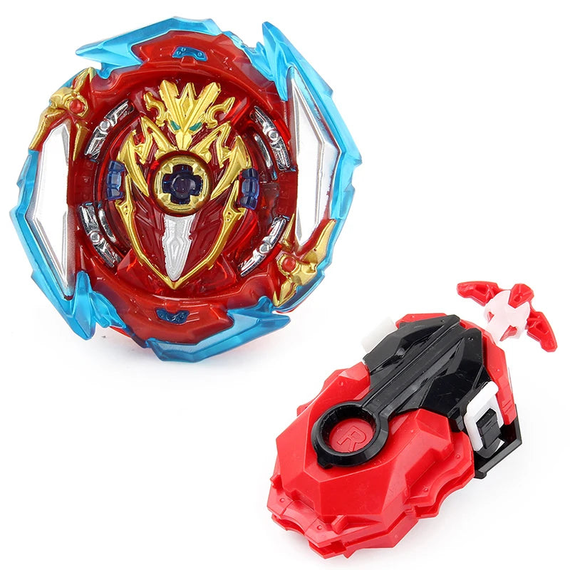 A red and blue metal spinning top battle set with a string launcher.