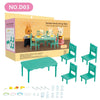 A set of miniature dollhouse furniture including a dining table, chairs, and various small accessories for play.
