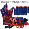 A set of two launcher, thirty bullets, and two gloves for a superhero web shooter toy.