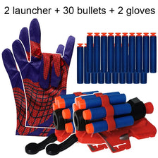A set of two launcher, thirty bullets, and two gloves for a superhero web shooter toy.