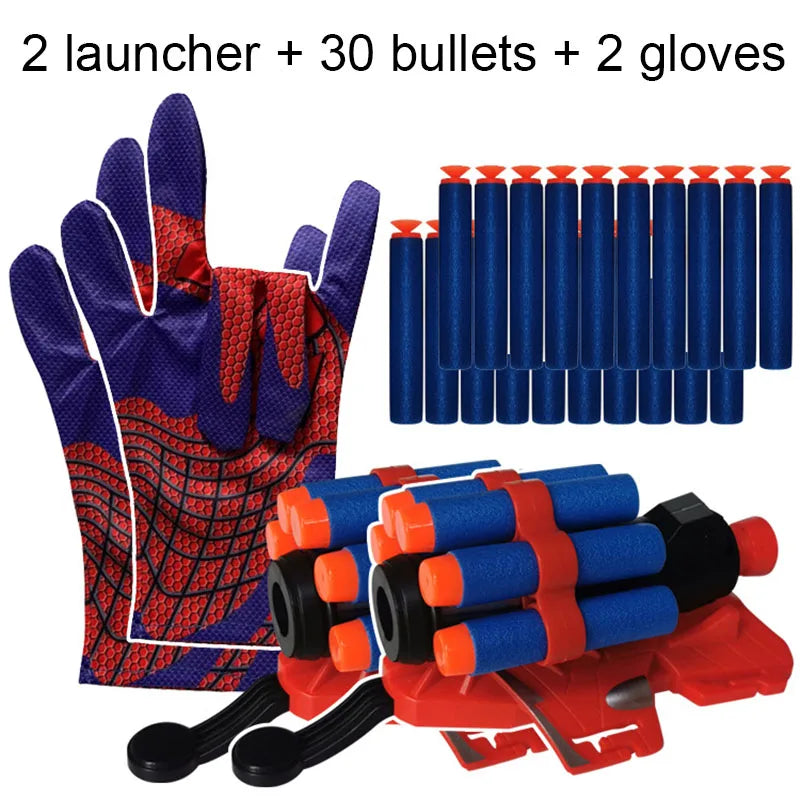 A set of two launcher, thirty bullets, and two gloves for a superhero web shooter toy.