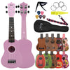 A pink ukulele and a matching starter kit with accessories including a pick and tuner.