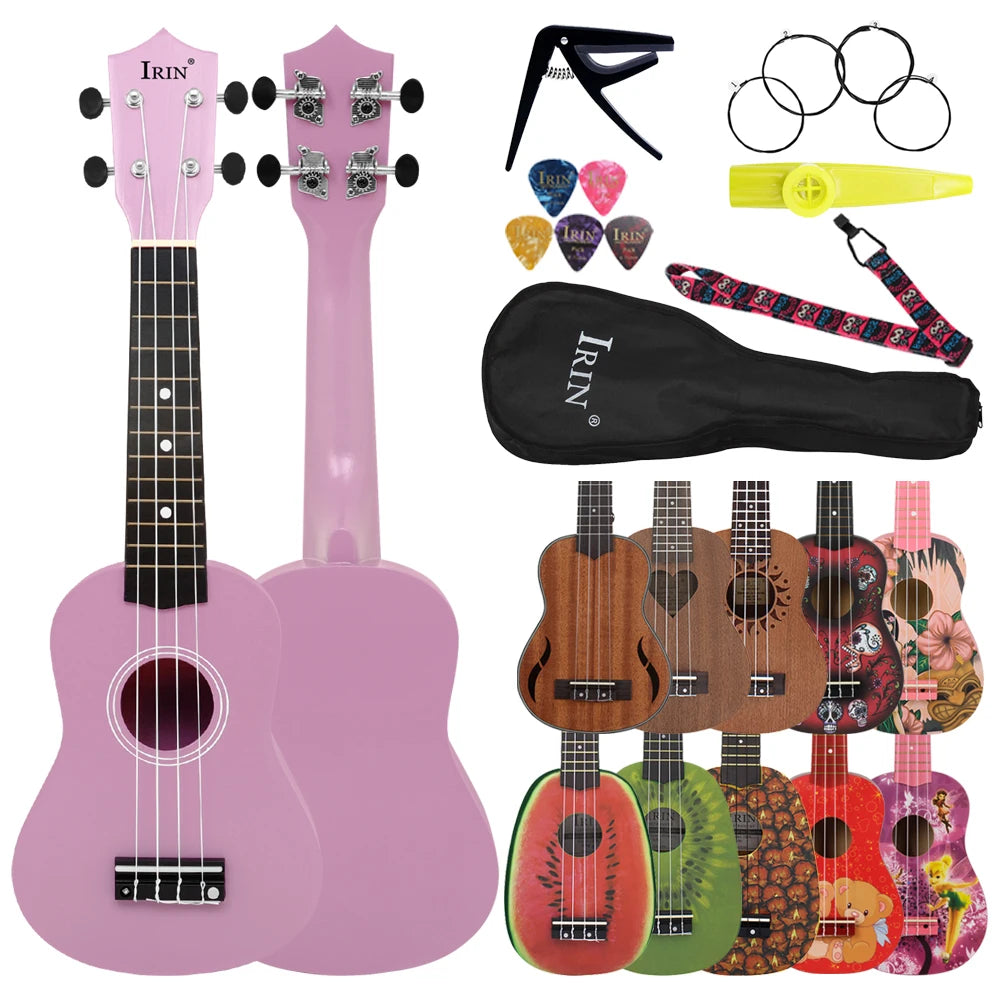 A pink ukulele and a matching starter kit with accessories including a pick and tuner.