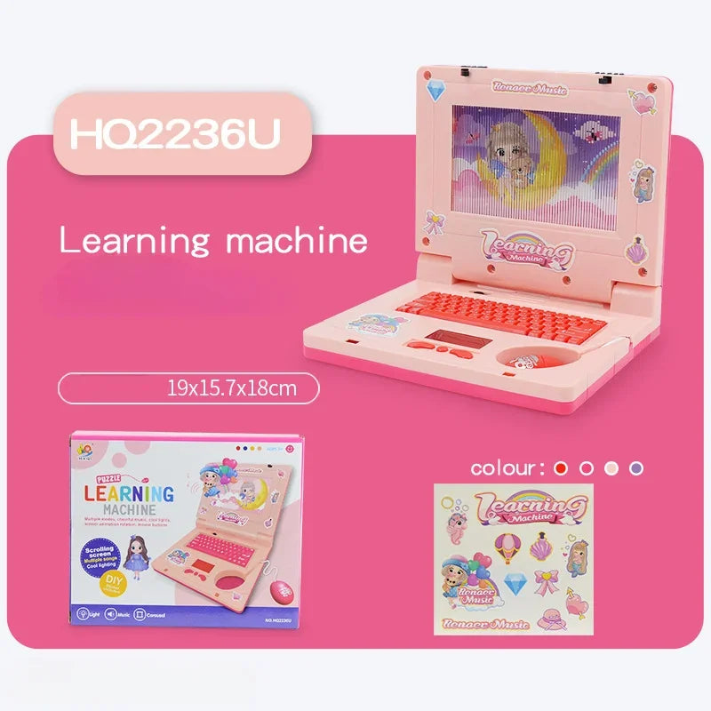 Pink toddler learning machine laptop toy with music and lights displayed on a box.