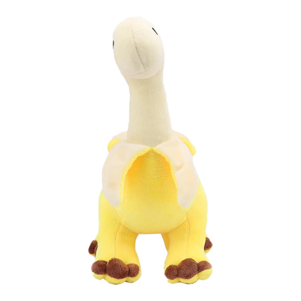 A yellow Peeled Banana Brontosaurus plush toy stuffed animal with a long neck and small feet.