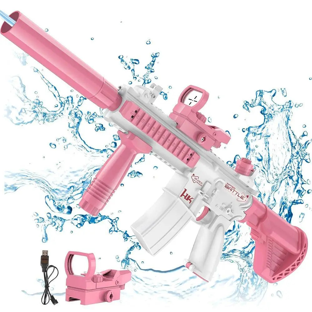 A pink electric battery-powered water gun with a detachable bottle is shown spraying water against a blue background.