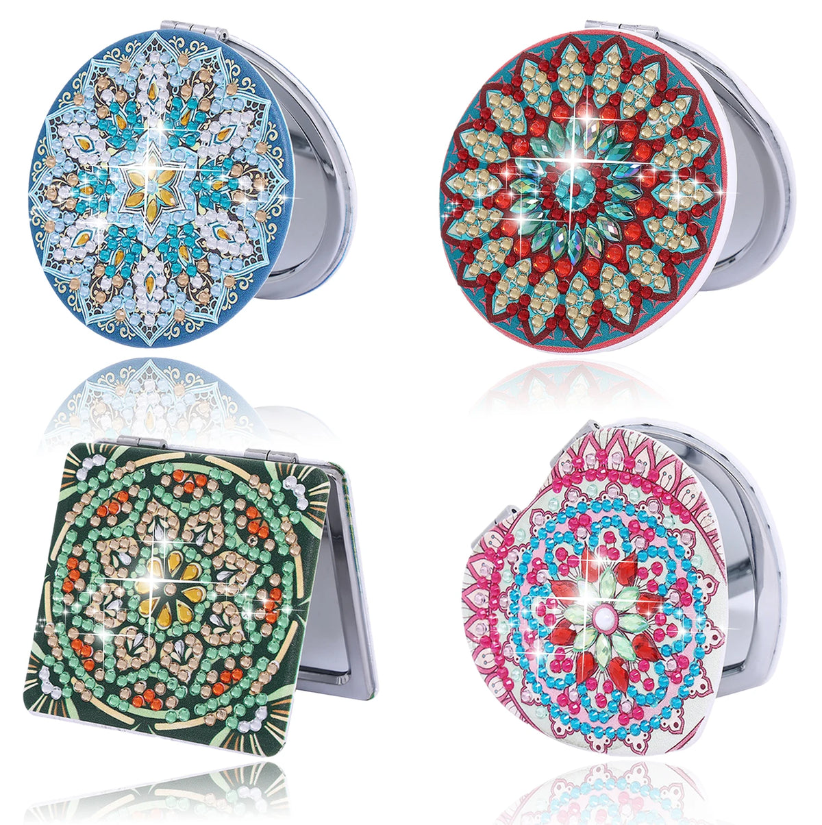 A folding mirror with a colorful, floral diamond art design on the cover and silver casing.