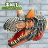A realistic soft toy of a Tyrannosaurus Rex dinosaur head with textured skin and prominent horns.