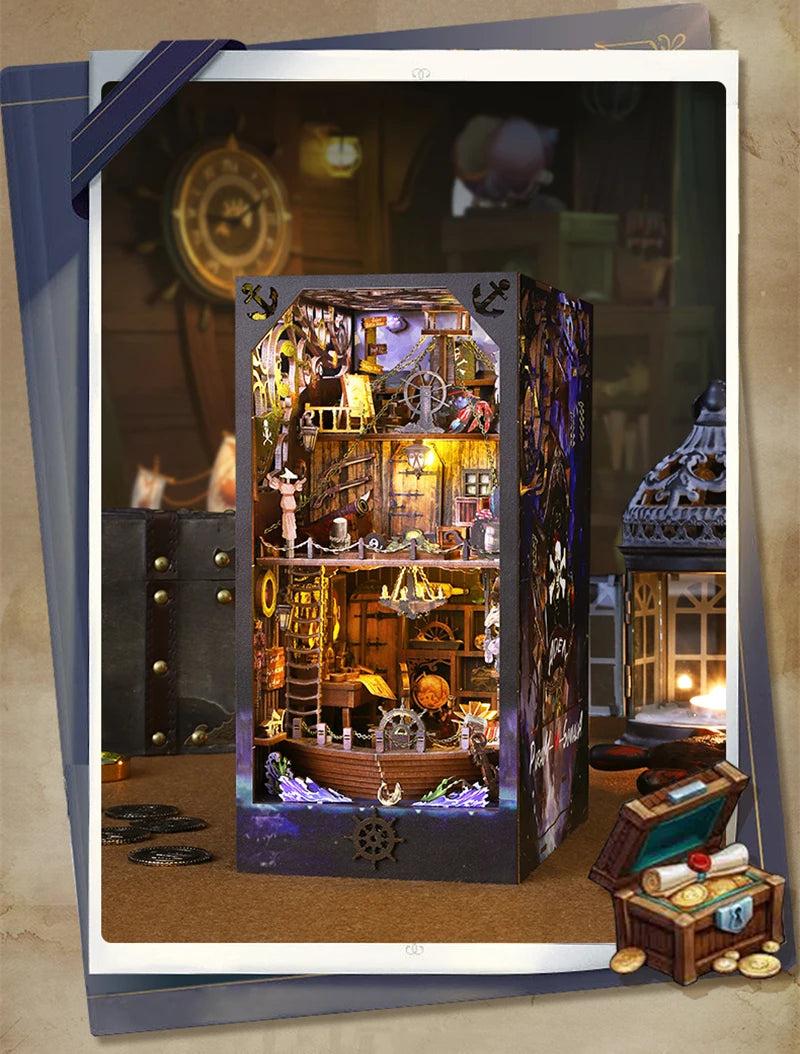 A detailed wooden pirate ship book nook kit featuring an intricate interior display and surrounding elements.