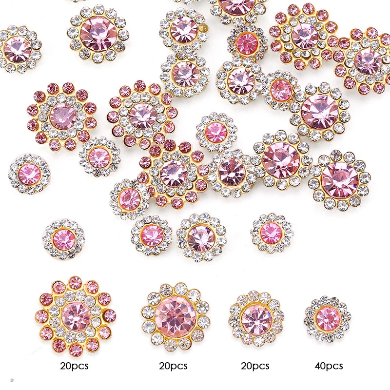 A collection of pink and gold crystal glass sunflower claw rhinestones for sewing.