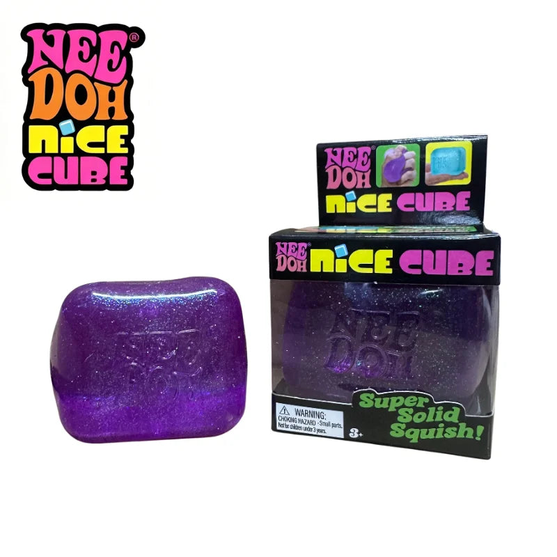 A purple glitter ice cube sensory fidget toy labeled Nee Doh Nice Cube.