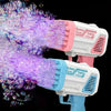 A close-up of a white and pink gatling-style bubble gun firing purple bubbles against a black background.