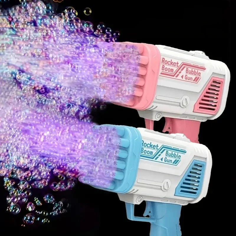 A close-up of a white and pink gatling-style bubble gun firing purple bubbles against a black background.
