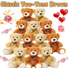 A collection of classic two-tone brown plush teddy bears in various sizes and shades.