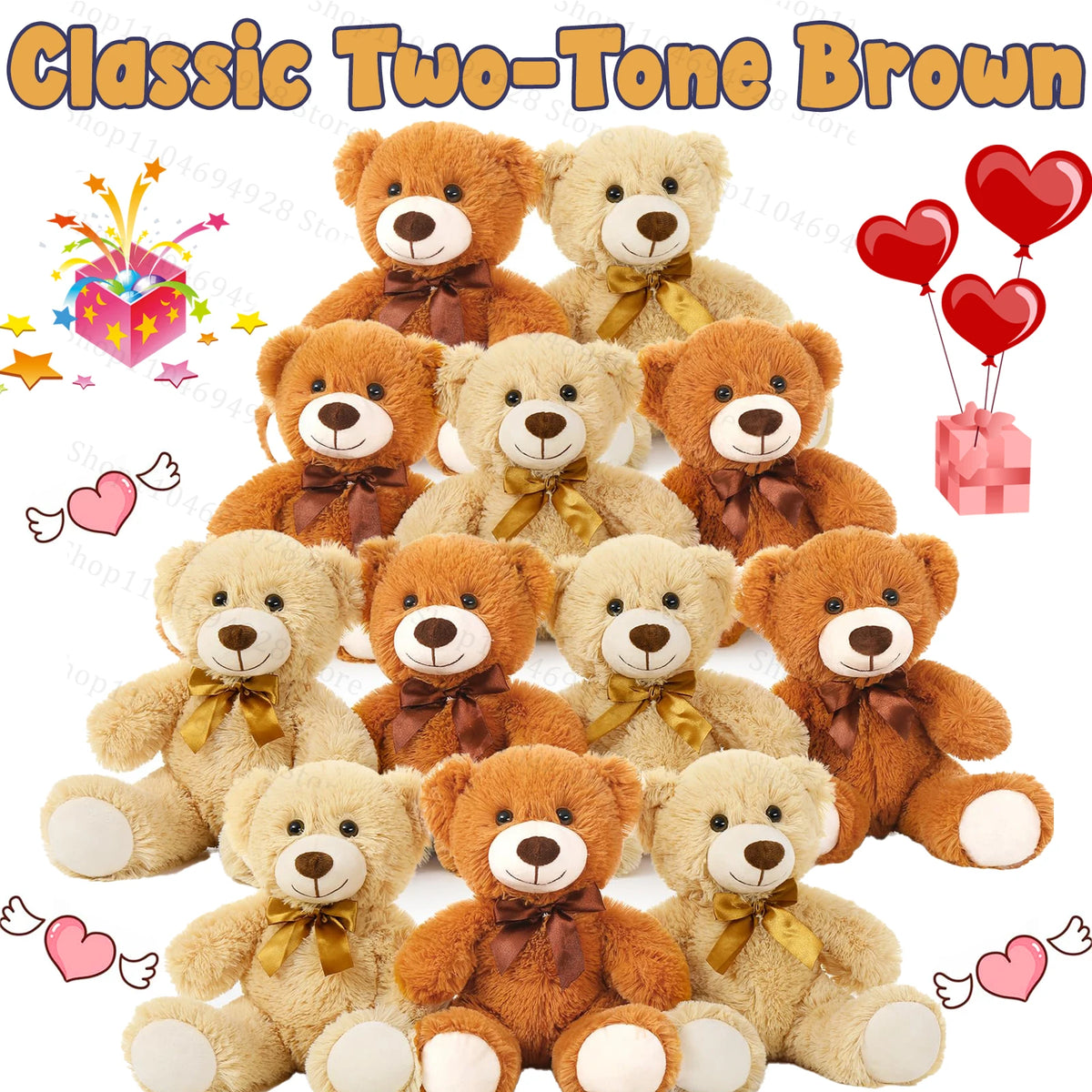 A collection of classic two-tone brown plush teddy bears in various sizes and shades.