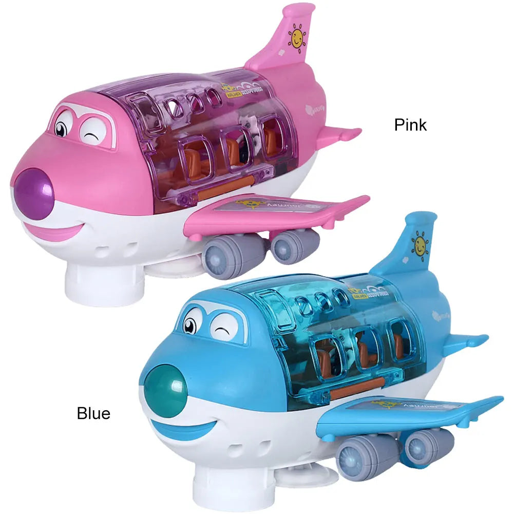 A pink and blue interactive toy airplane with music and lights.