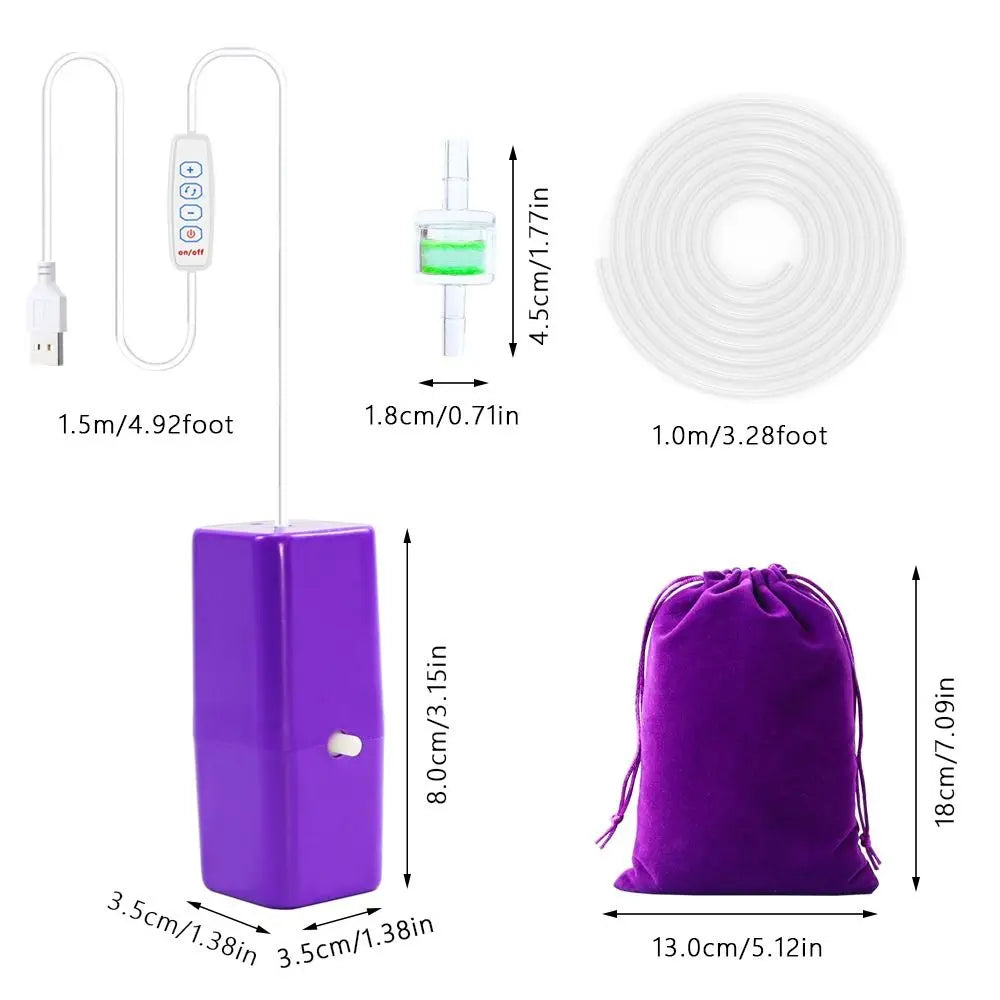 A purple electric diamond painting pen kit with a suction tool and storage pouch shown with dimensions.