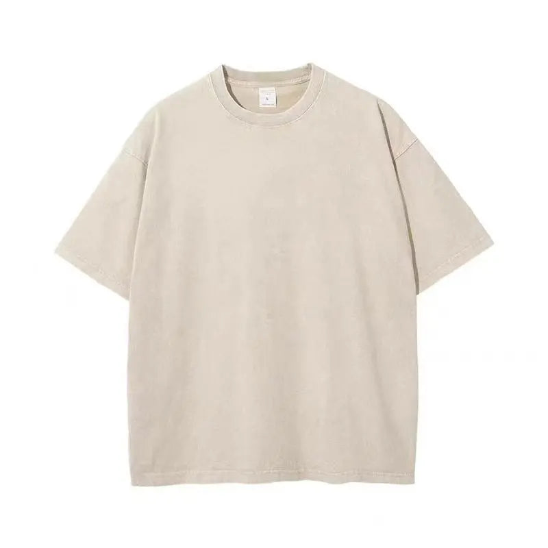 A light beige men's retro washed heavyweight cotton oversized casual t-shirt.