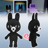 A black bunny plush stuffed animal toy with large eyes and a pink swirl accessory.
