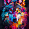 Vibrant, colorful painting of a wolf's head with glowing yellow eyes against a dark background.