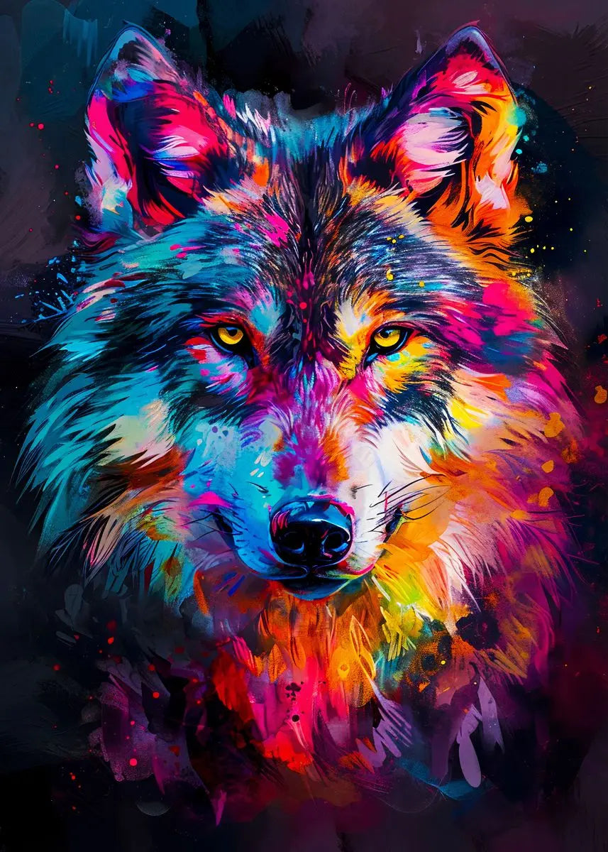 Vibrant, colorful painting of a wolf's head with glowing yellow eyes against a dark background.