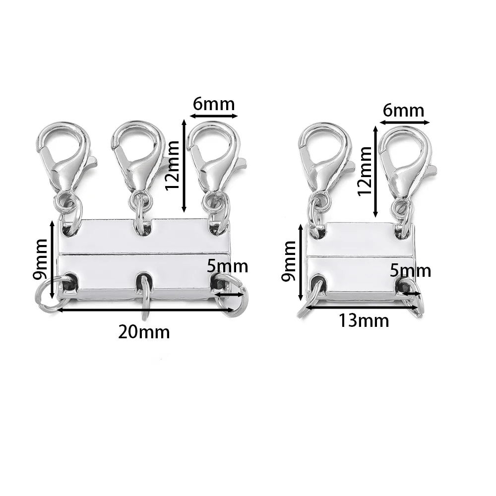 Silver magnetic layering clasps for necklaces and bracelets with various sizes and lengths.
