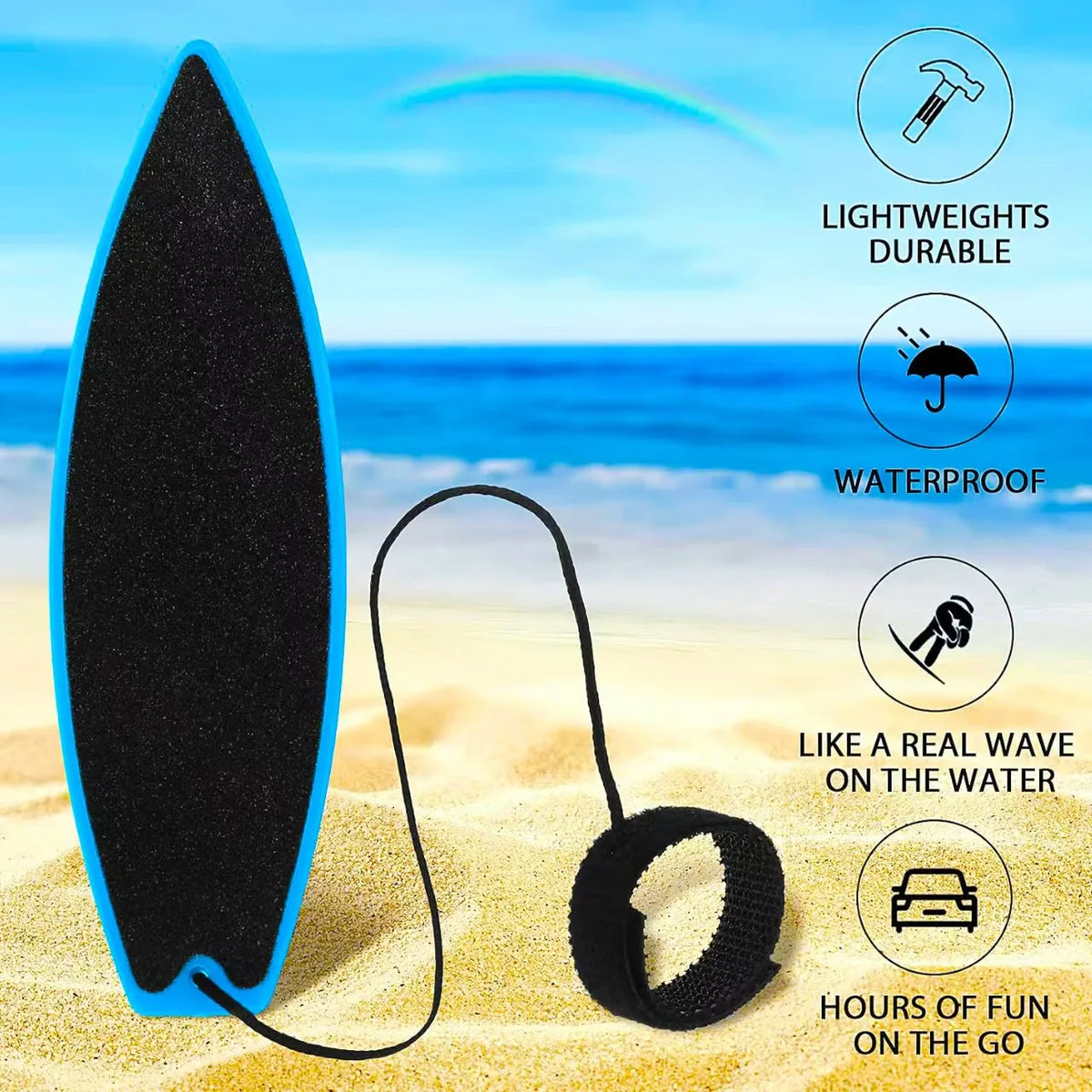 A black surfboard toy with a black elastic cord and an orange blue background, shown on a sandy beach.